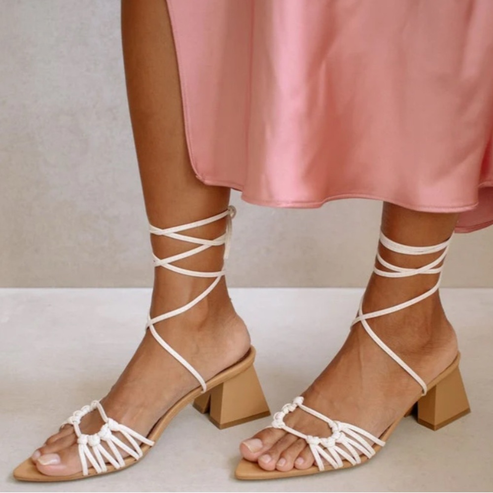 ALOHAS  “Mirage” White and Tan Strappy Chunky Heel Sandals